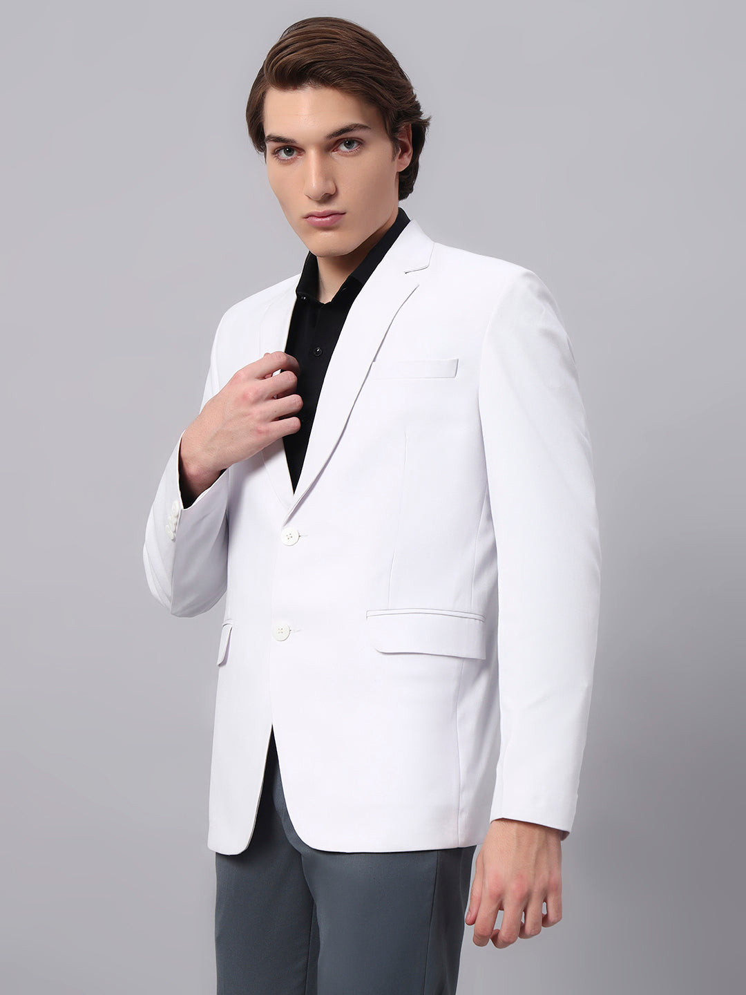 Men wearing white viscose blazer styled in clean elegant look